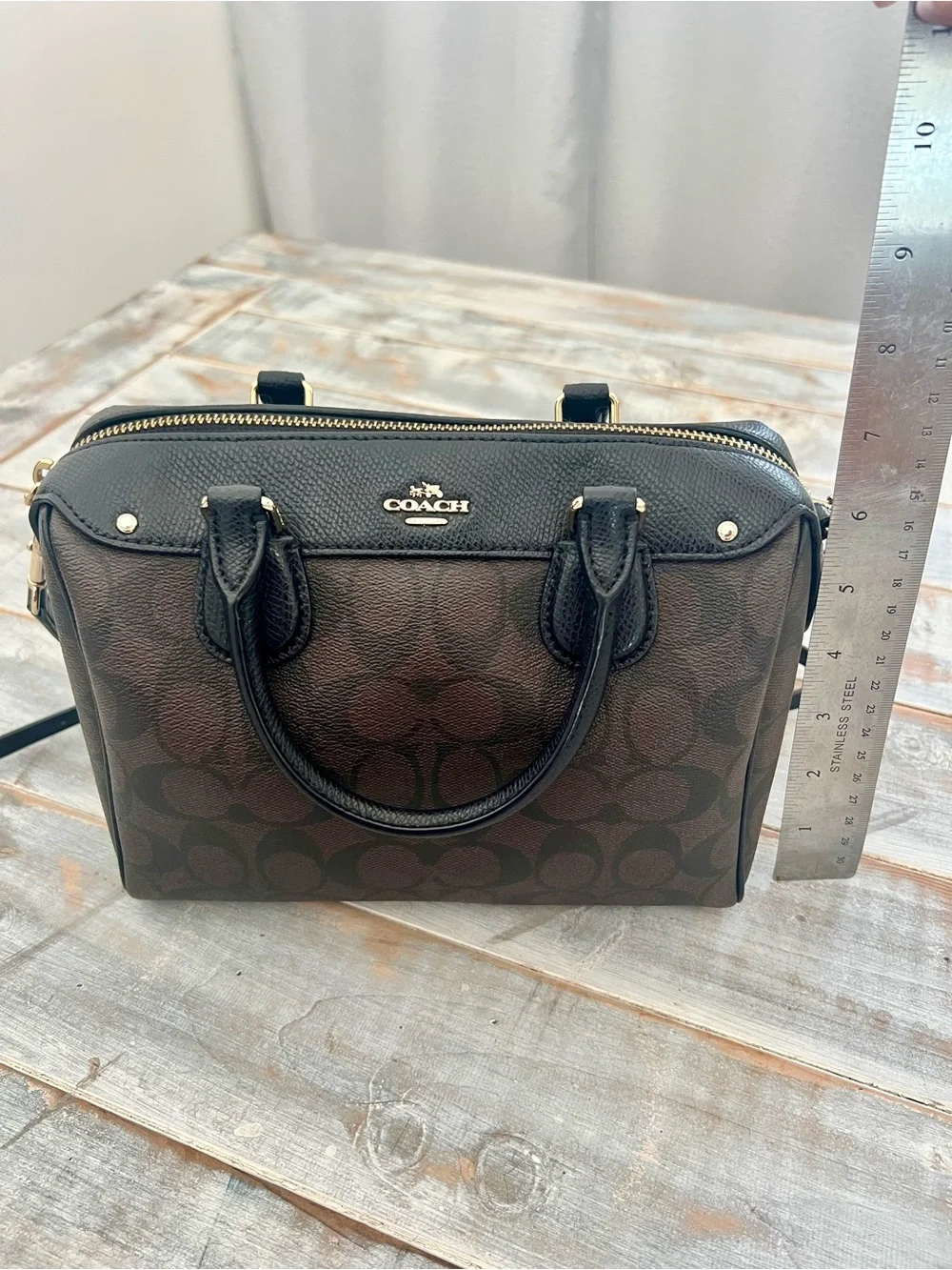 Coach Signature Satchel Top Handle Bag Brown Black Zip Closure Gold Hardware